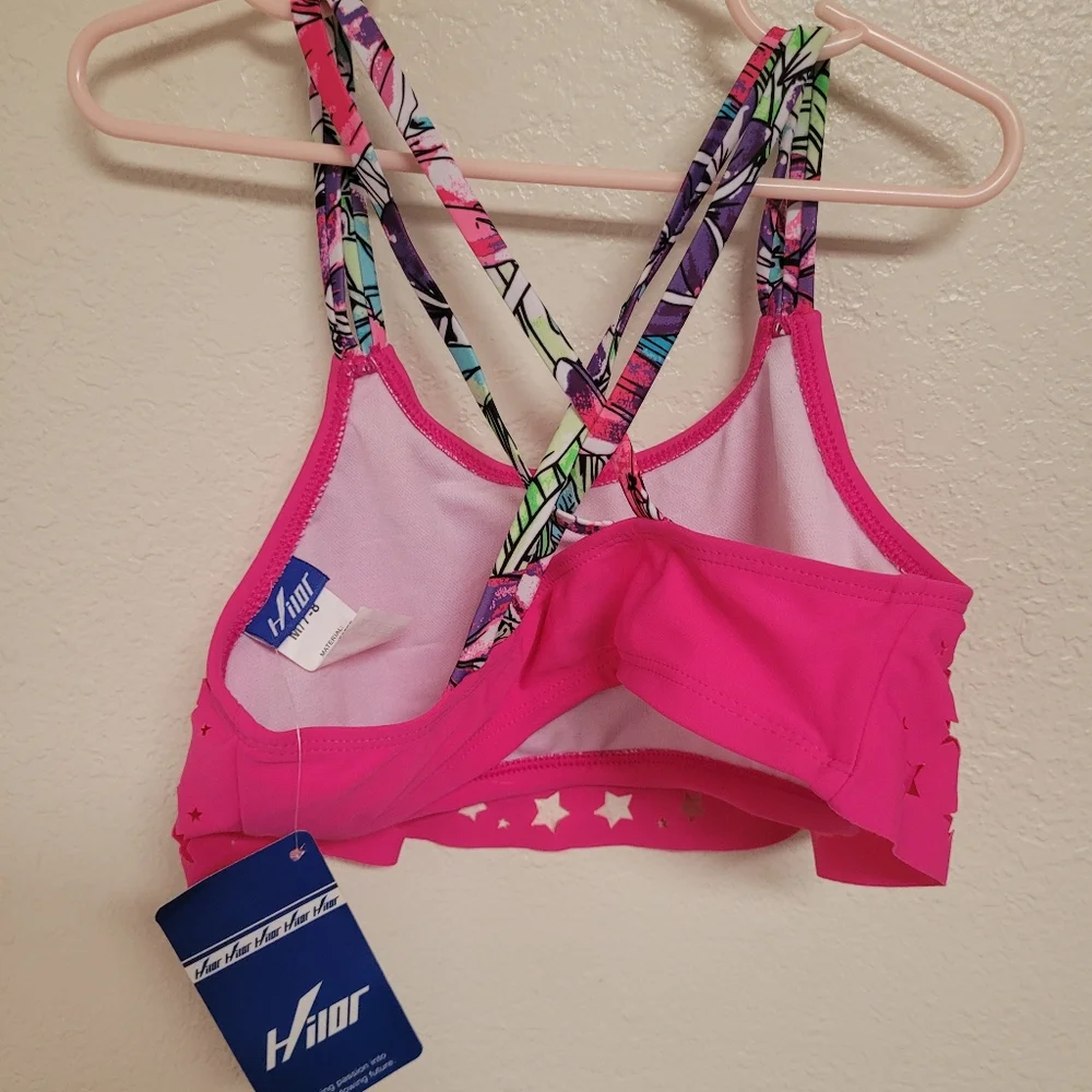 Girls Hilor Hot Pink Star Cutout Swim Top with Printed Straps